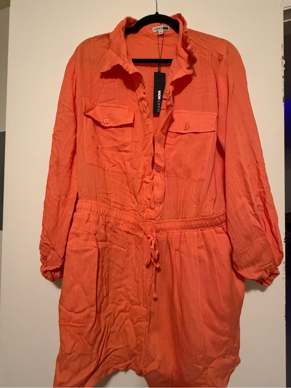 Orange Drawstring Waist Linen Romper